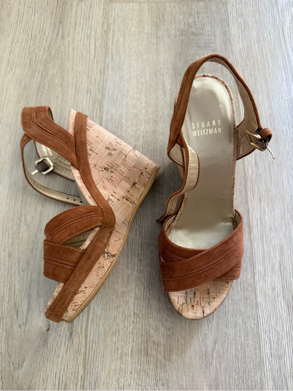 Stuart Weitzman Women's Rust Suede Cork Wedge Sandals - size 6